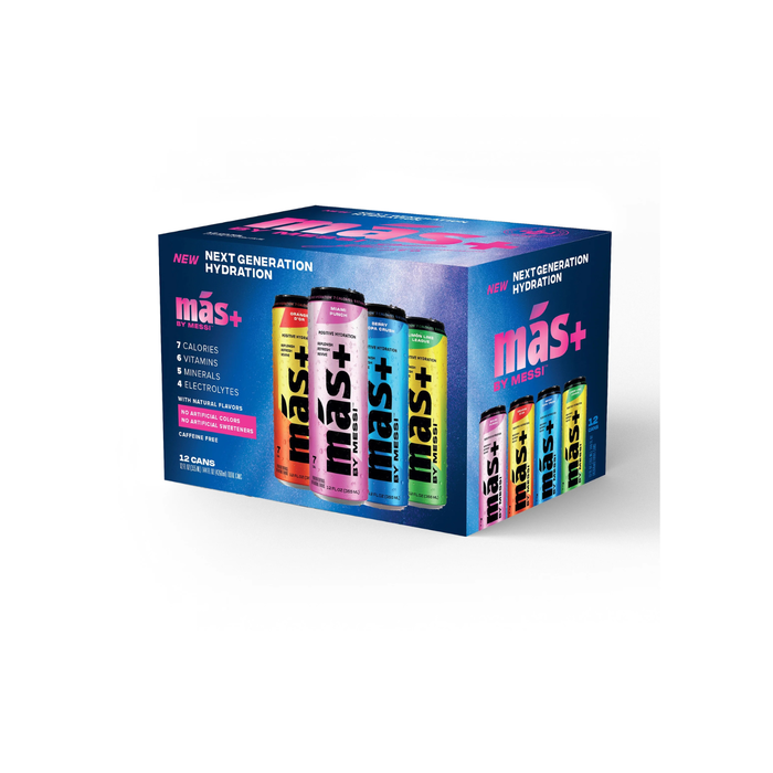 MAS+ Assorted By Messi Can (Orange D'Or, Miami Punch, Berry Copa Crush, Lemon Lime League) 355 ML
